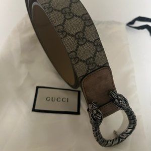NWT Women Gucci Natural Dionysus GG Supreme Belt B Ebony/Taupe Z=Size 95